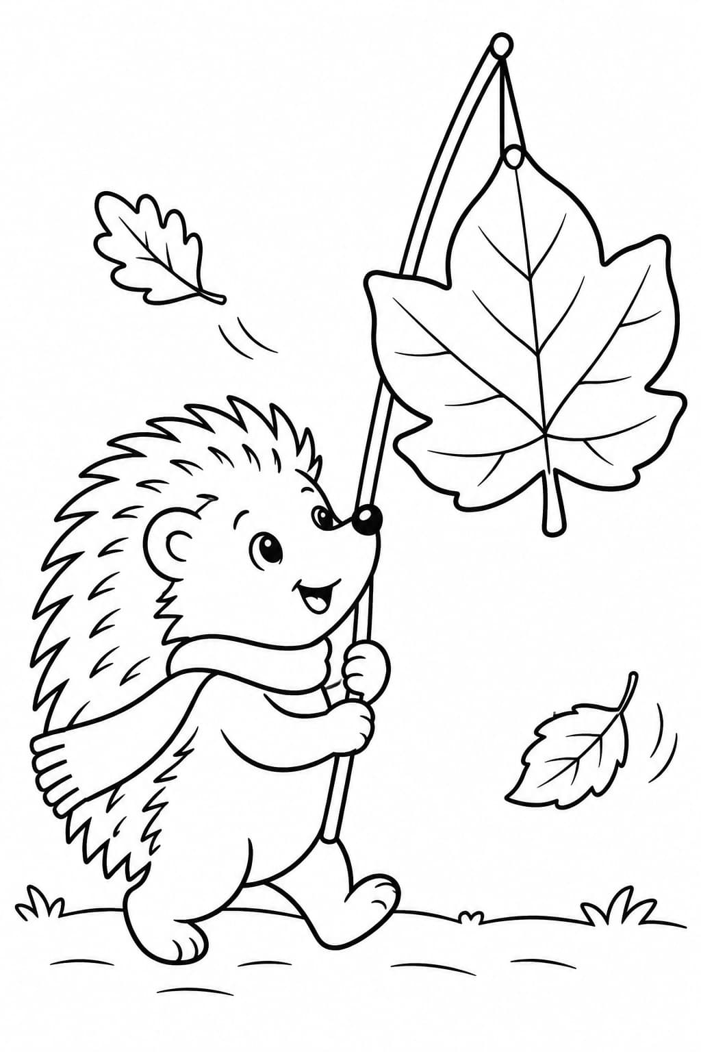 Ein Igel mit einer Blattlaterne – einfache Malvorlage für Kinder