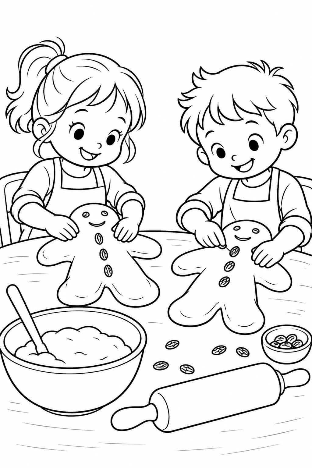 Kinder backen Weckmänner – einfache Malvorlage für Kinder