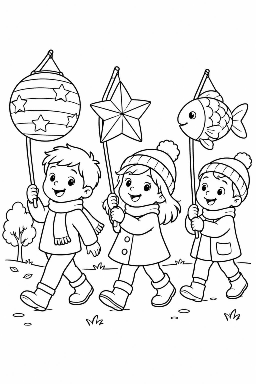Laternenumzug im Kindergarten – einfache Malvorlage für Kinder