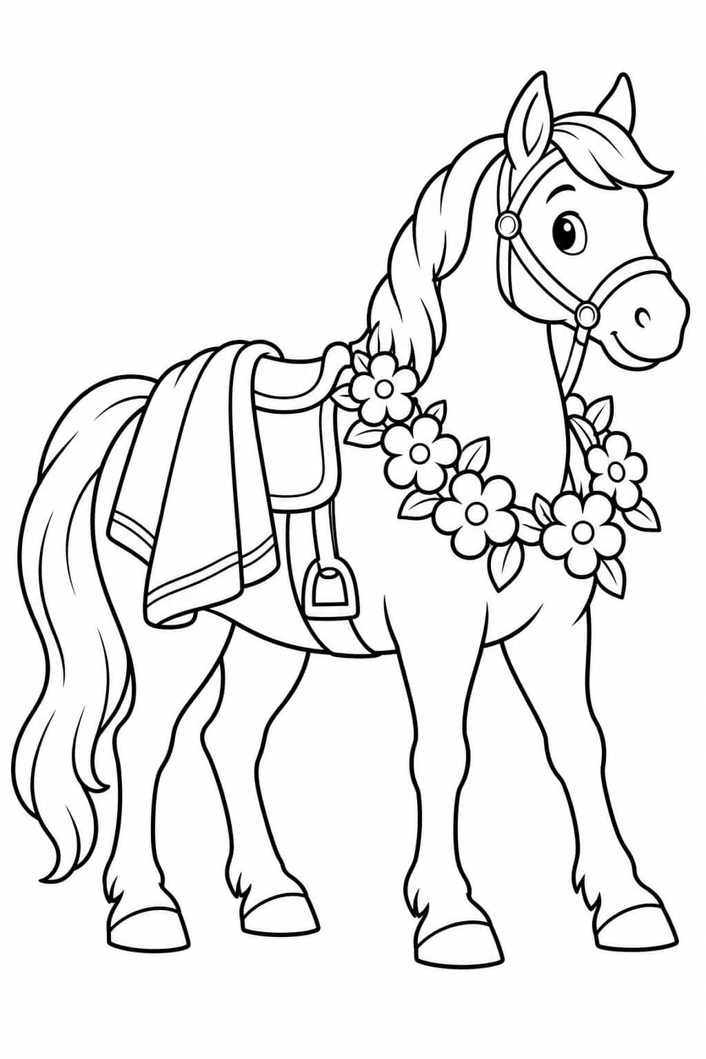 Martins Pferd mit einem Blumenkranz – einfache Malvorlage für Kinder