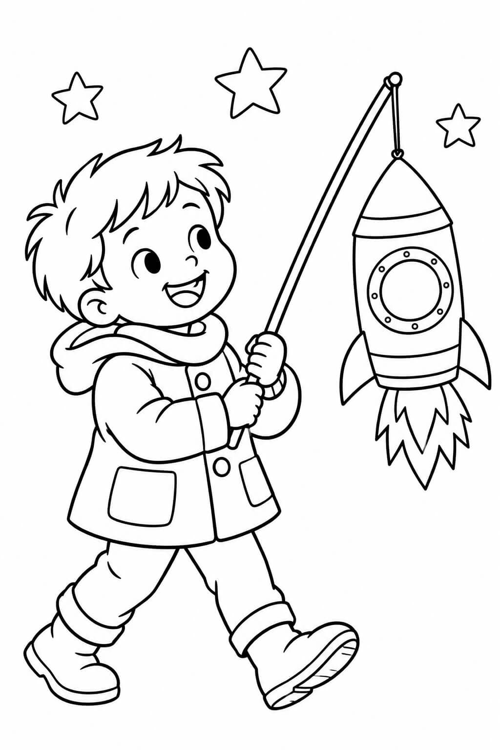 Eine Raketenlaterne hebt die Stimmung – einfache Malvorlage für Kinder