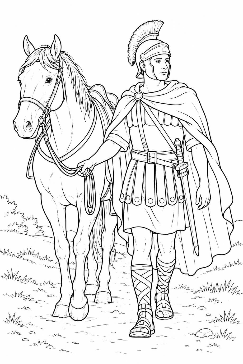 Realistischer Sankt Martin mit Pferd – Malvorlage in Schwarz-Weiß