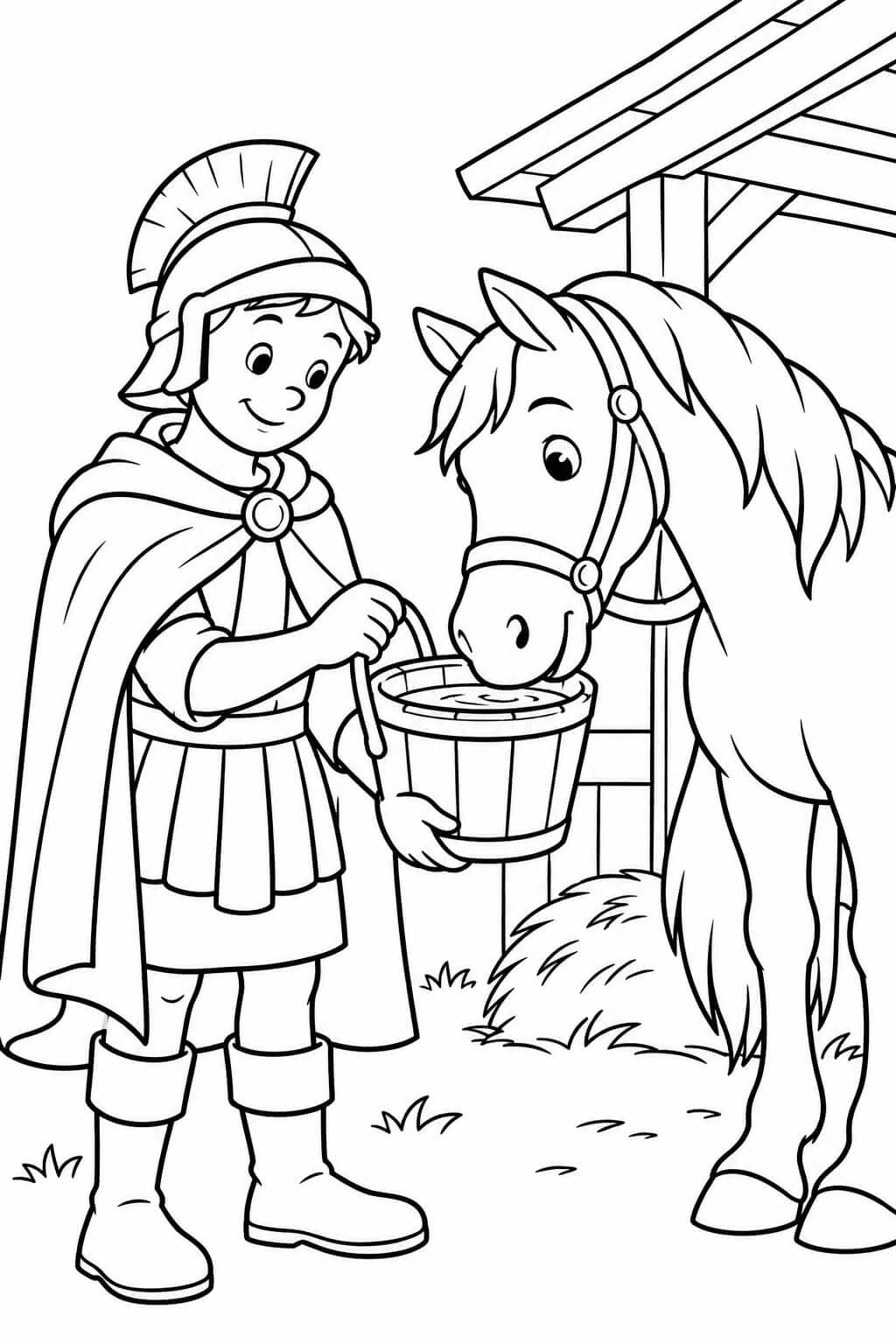 Sankt Martin gibt seinem Pferd Wasser – einfache Malvorlage für Kinder