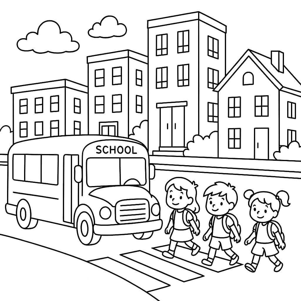 Schulbus in der Stadt Ausmalbild