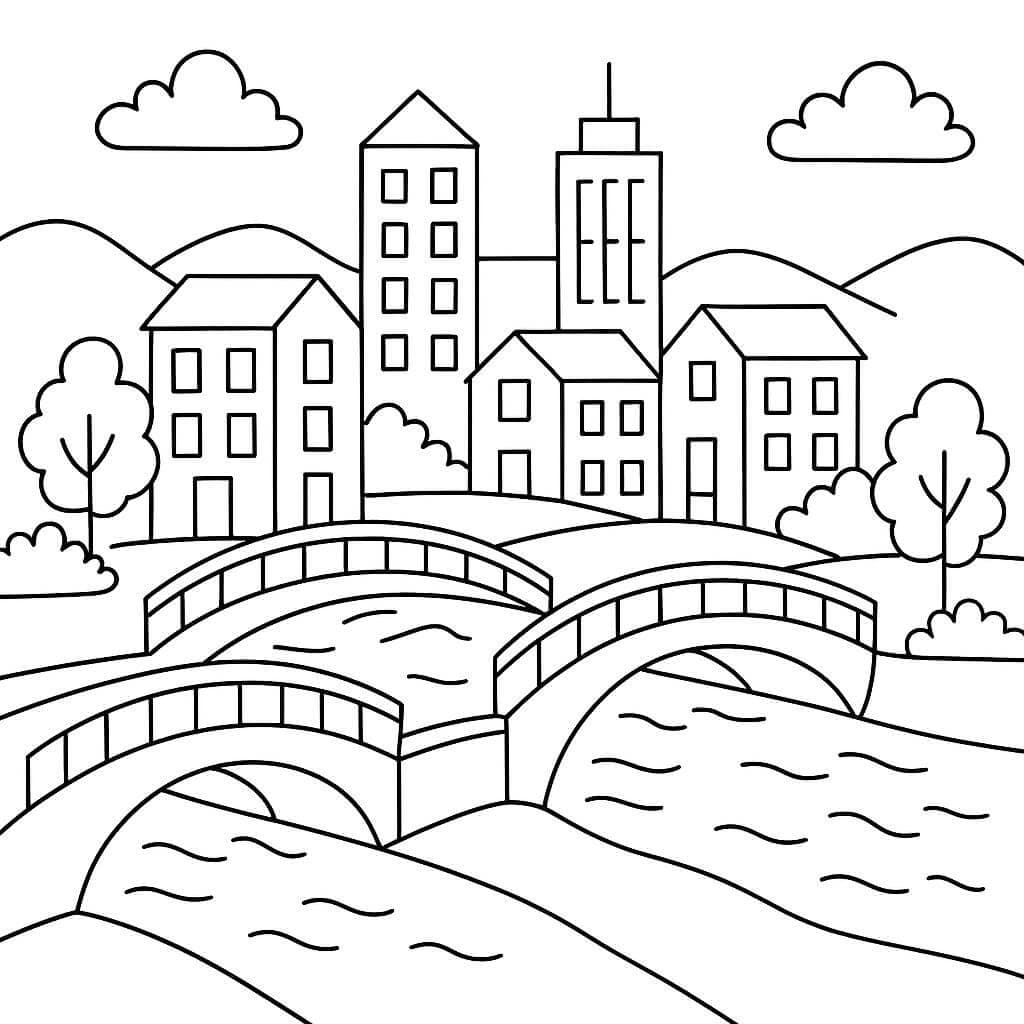Stadt mit Brücken Ausmalbild