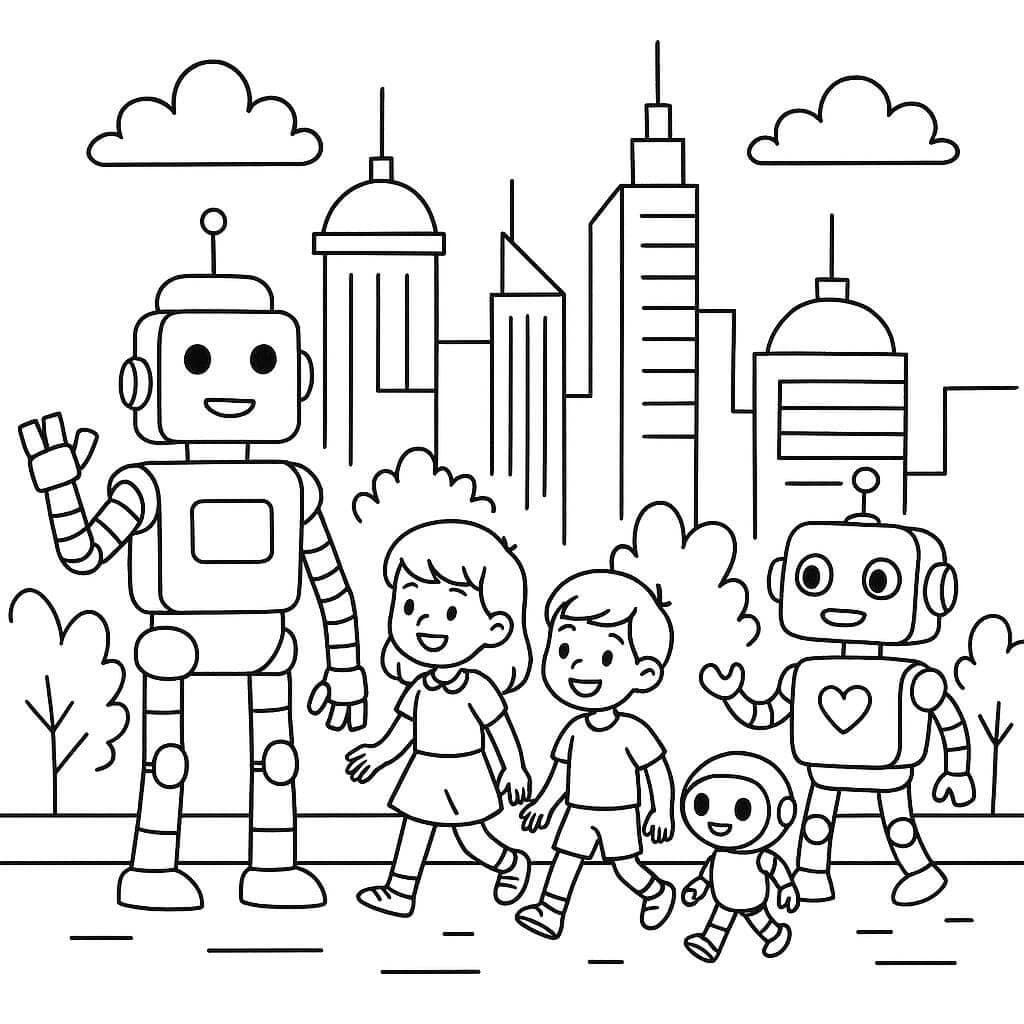 Stadt mit Robotern Ausmalbild