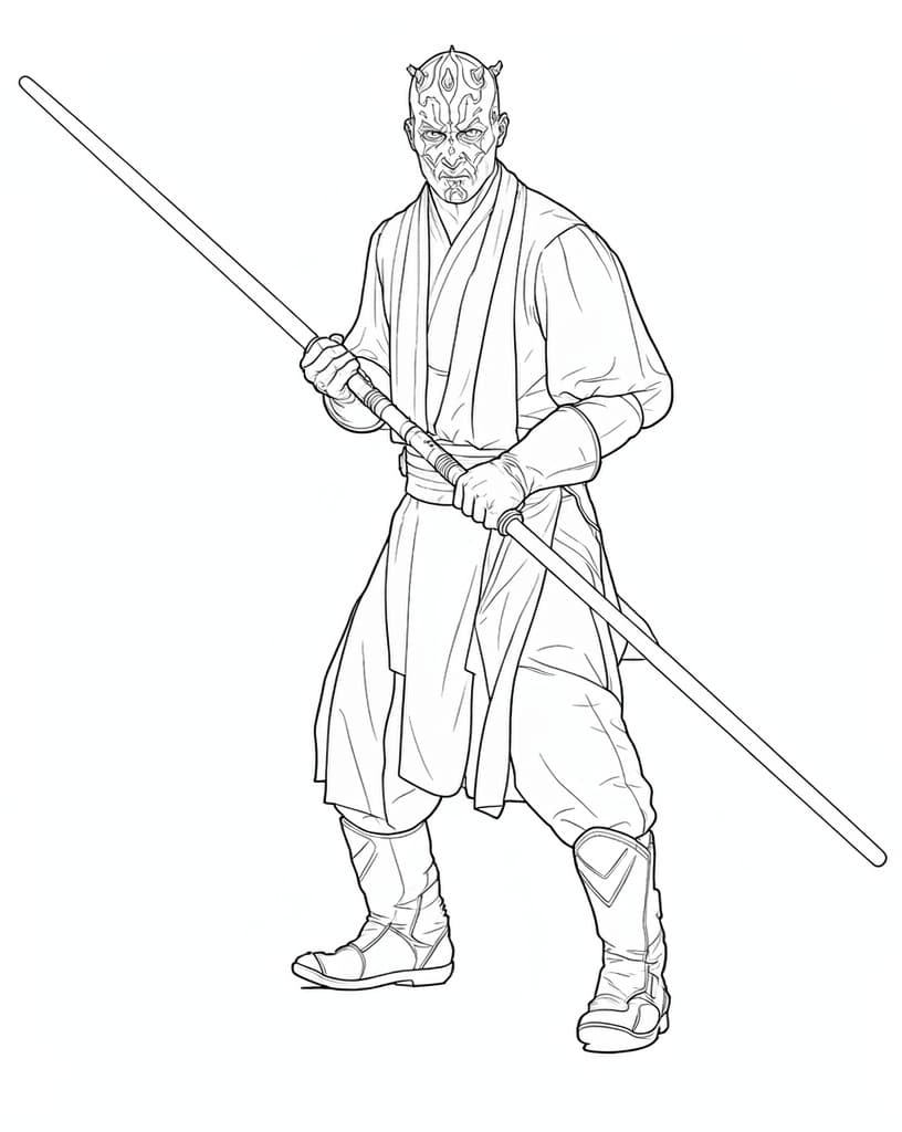 Darth Maul mit Doppelklinge – Star Wars Malvorlage zum Ausmalen