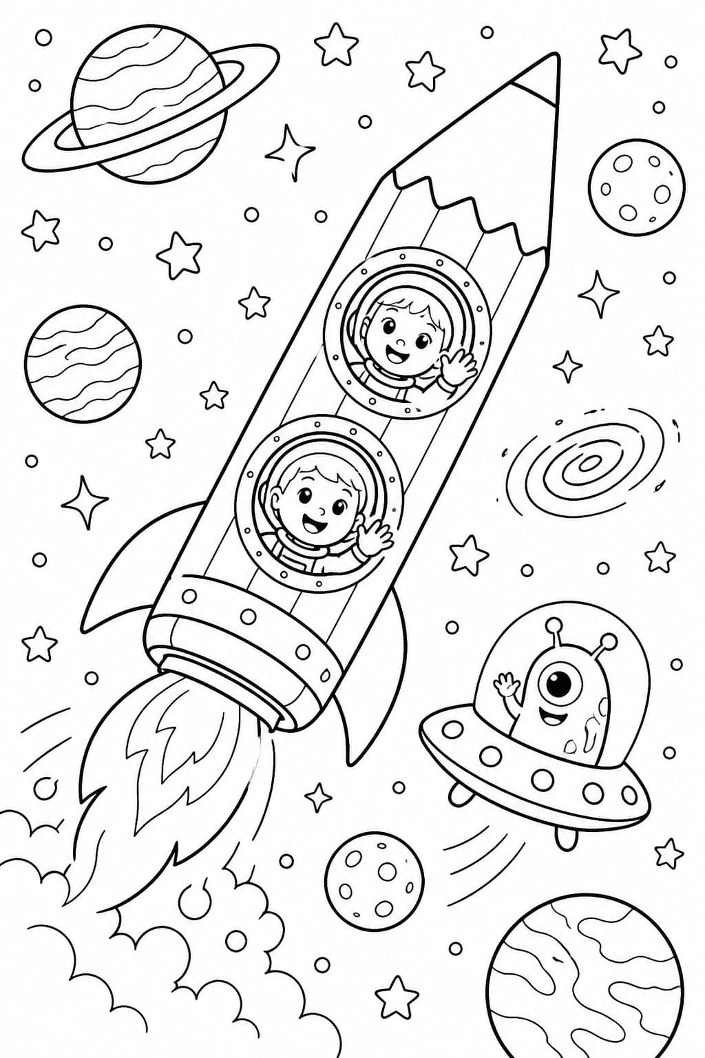 Stift-Rakete im Weltall Ausmalbild