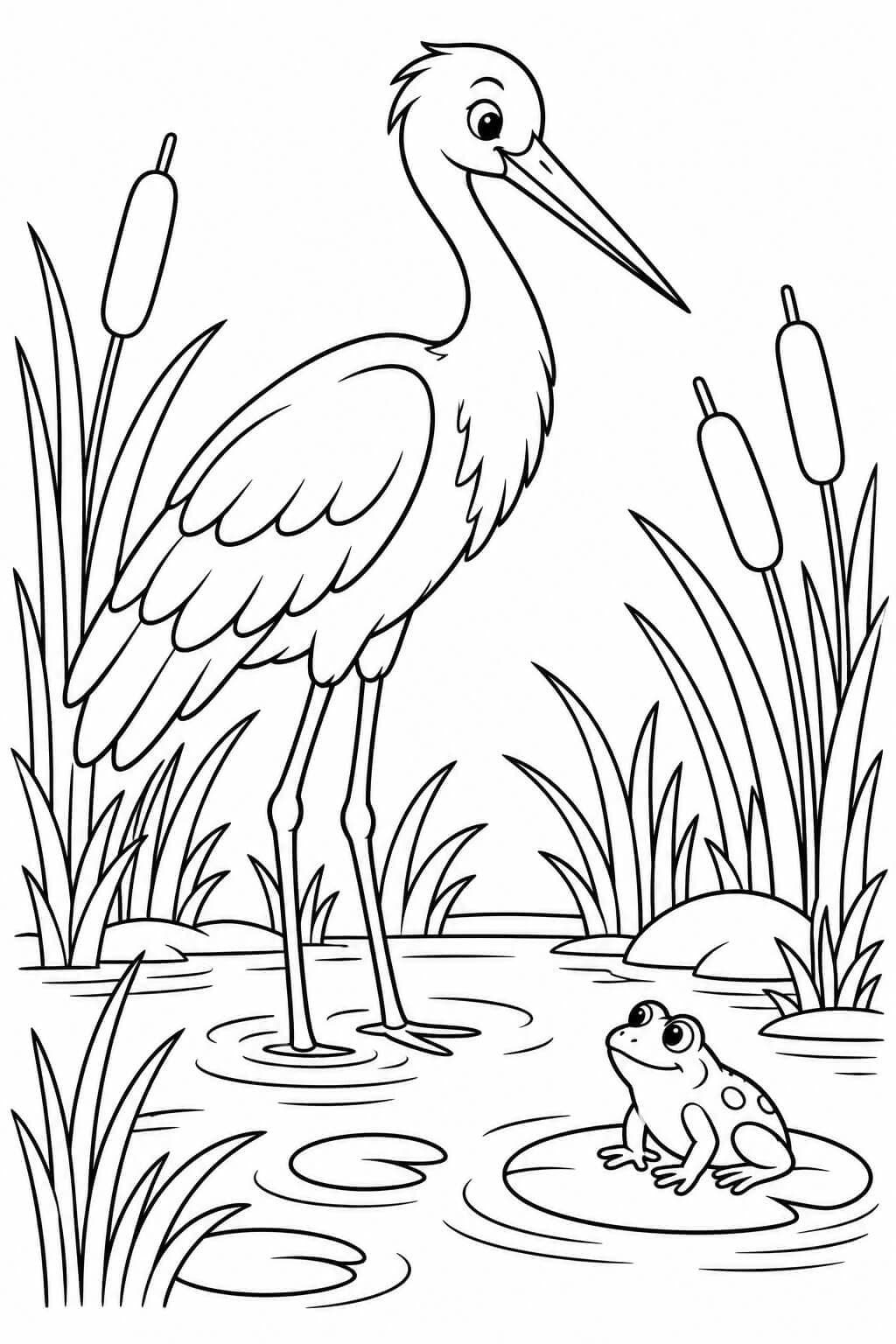 Storch am Teich Ausmalbild