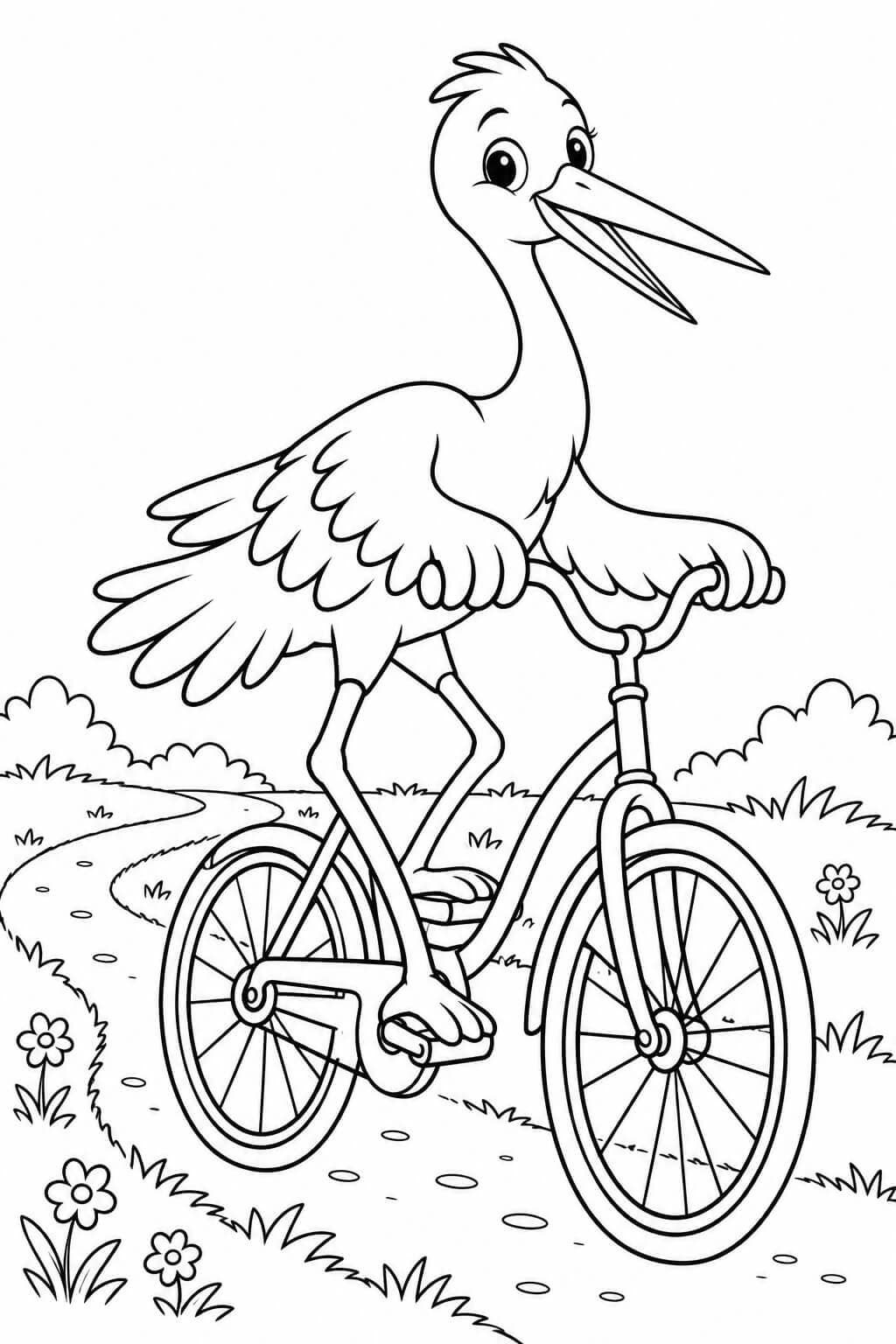 Storch auf dem Fahrrad Ausmalbild