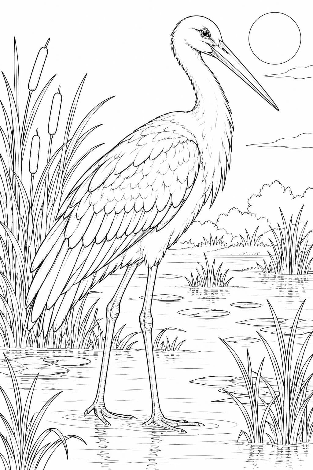 Storch im Sonnenuntergang Ausmalbild