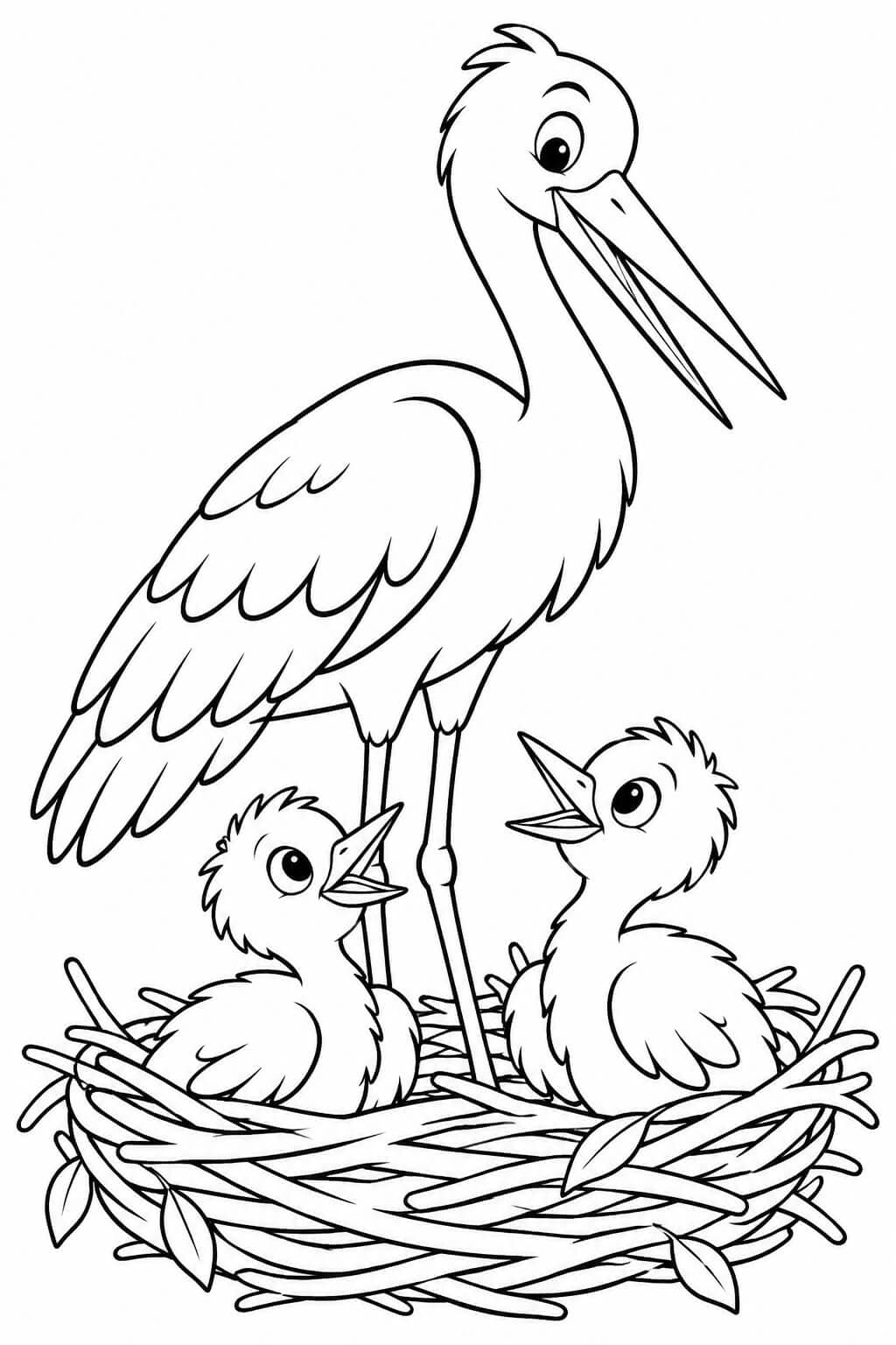 Storch mit Küken Ausmalbild