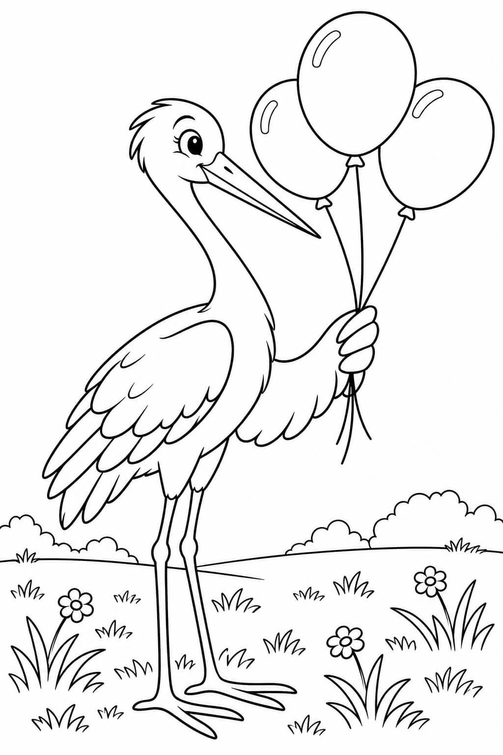 Storch mit Luftballons Ausmalbild