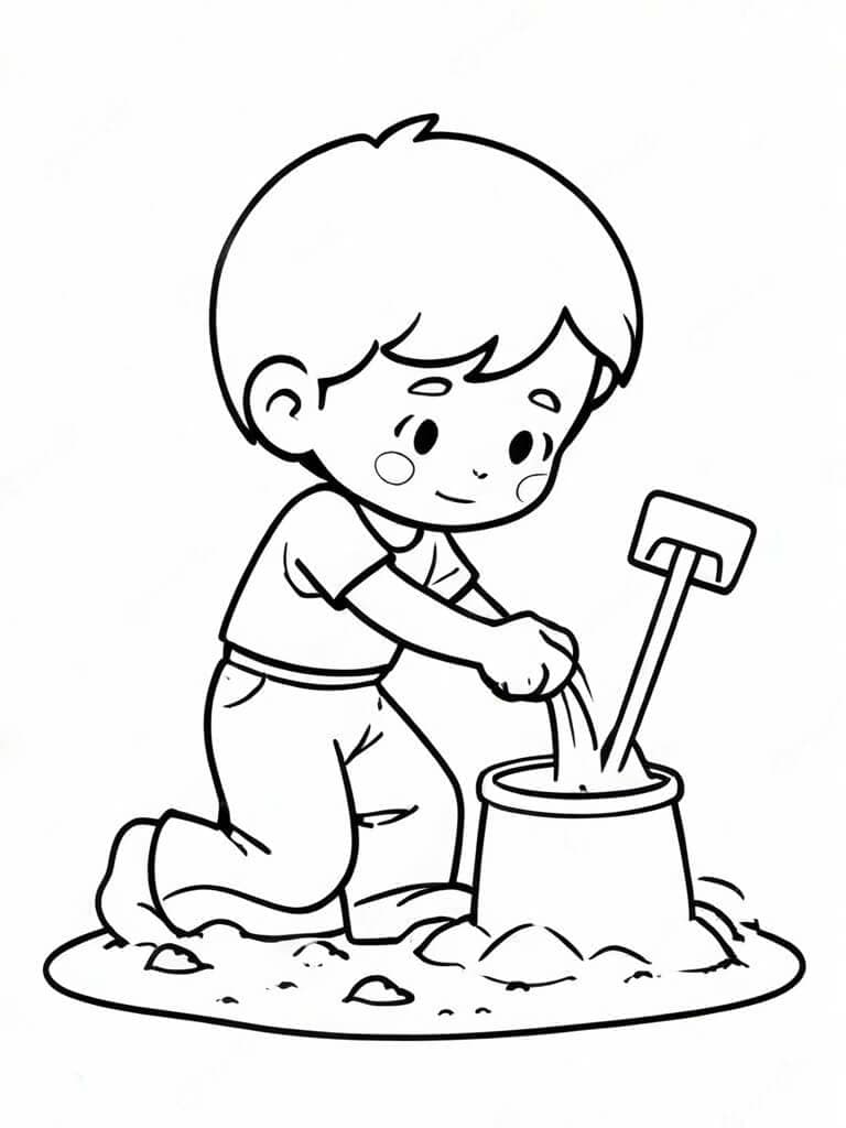 Junge mit Sandeimer am Strand Ausmalbild