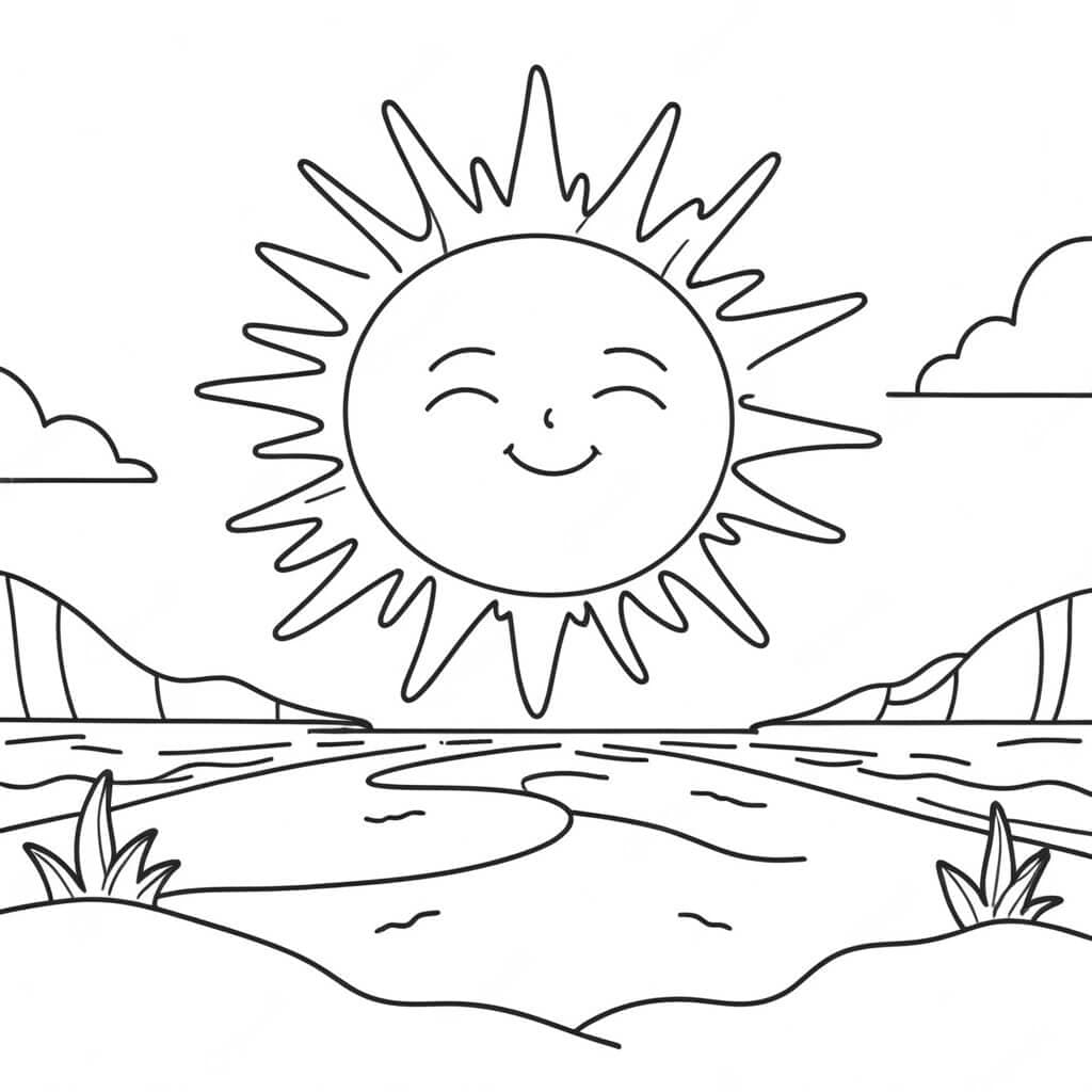 Sonne über dem Strand Ausmalbild