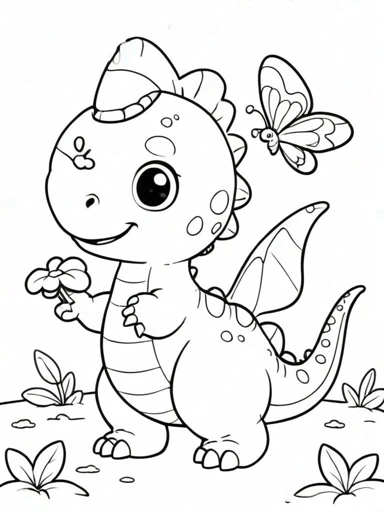 Süßer Dinosaurier mit Blume Ausmalbild