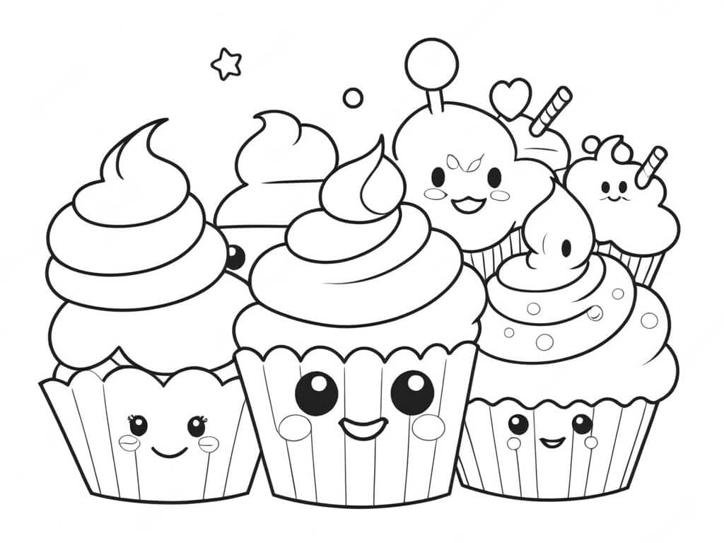 Süße glückliche Cupcakes Ausmalbild