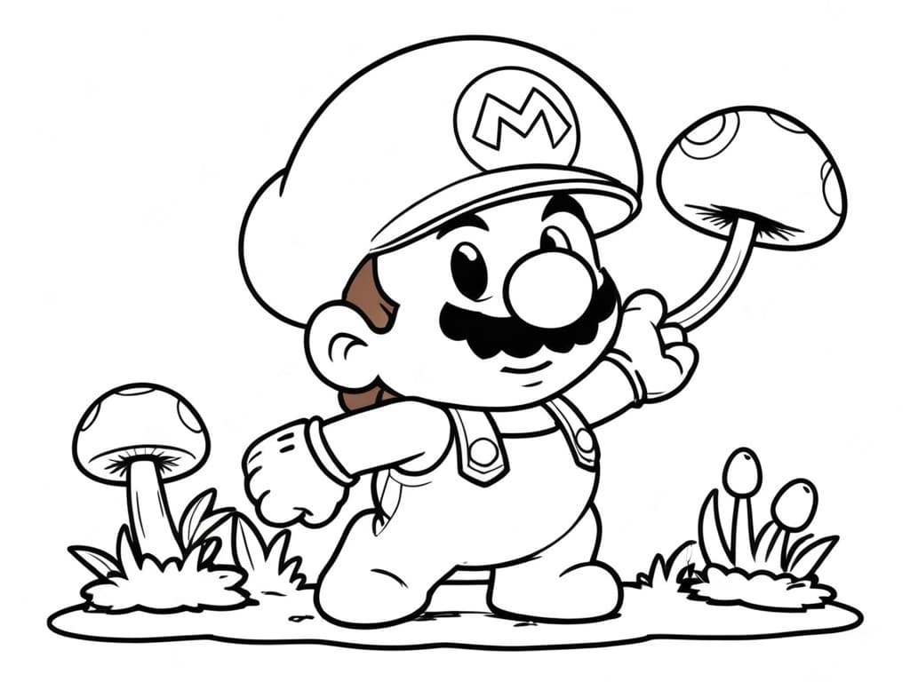 Kleiner Mario mit Pilzen zum Ausmalen