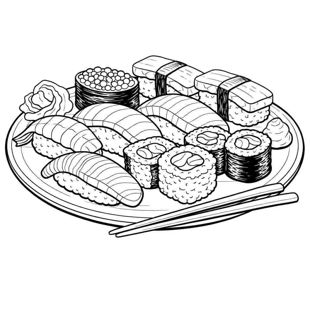 Realistisches Sushi auf Teller Ausmalbild