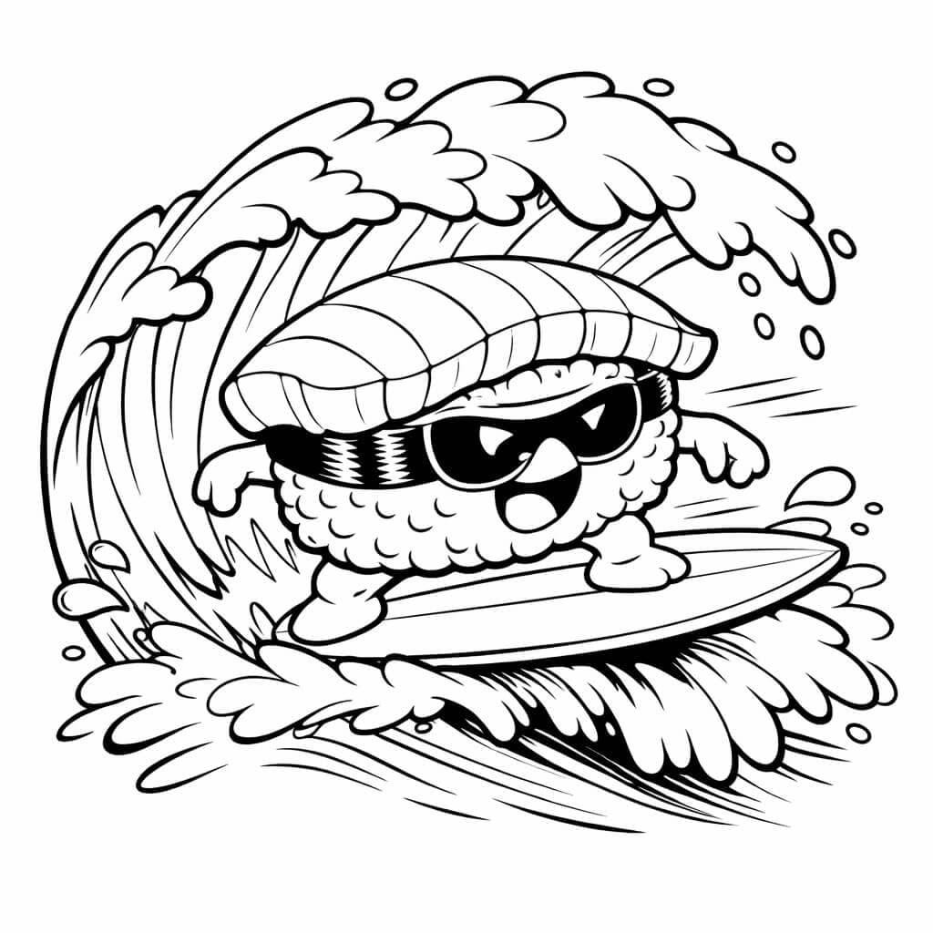 Surfendes Sushi Ausmalbild