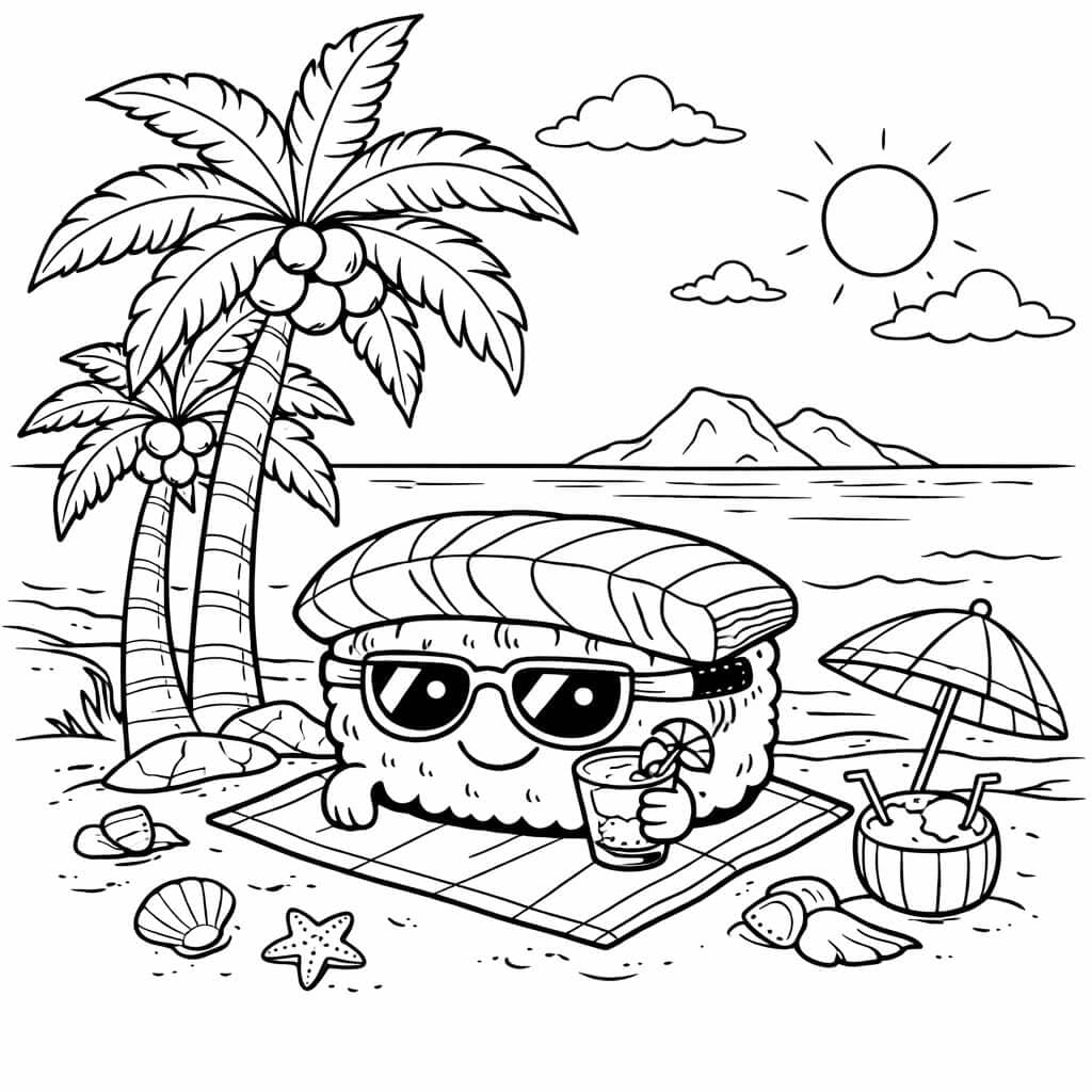 Sushi auf tropischer Insel Ausmalbild