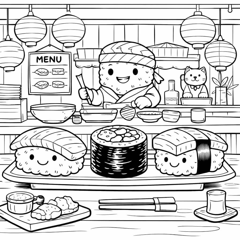Sushi-Bar-Szene Ausmalbild