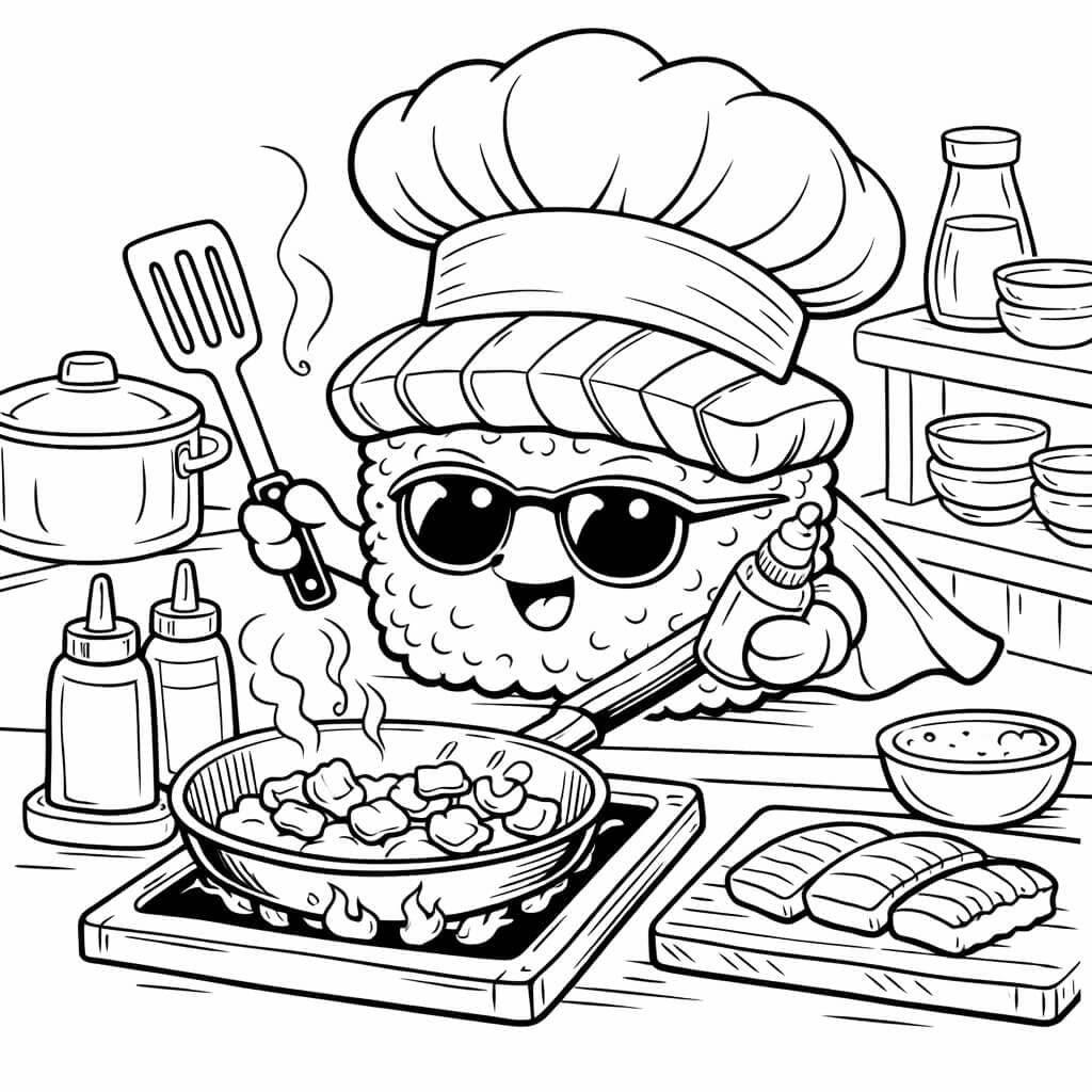 Sushi-Koch beim Kochen Ausmalbild
