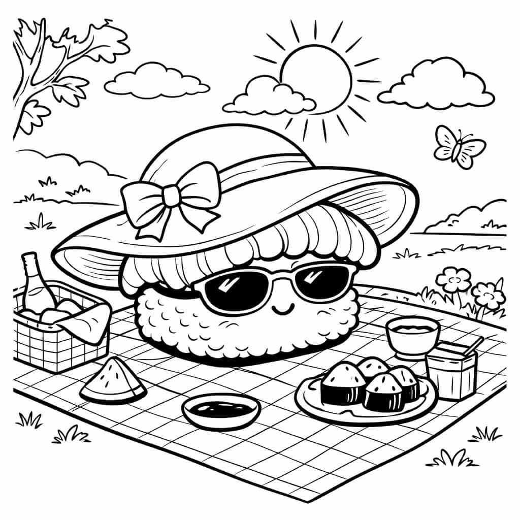Sushi mit Picknickhut Ausmalbild
