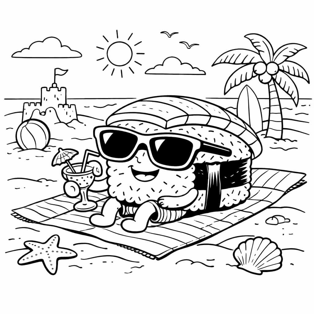 Sushi mit Sonnenbrille am Strand Ausmalbild
