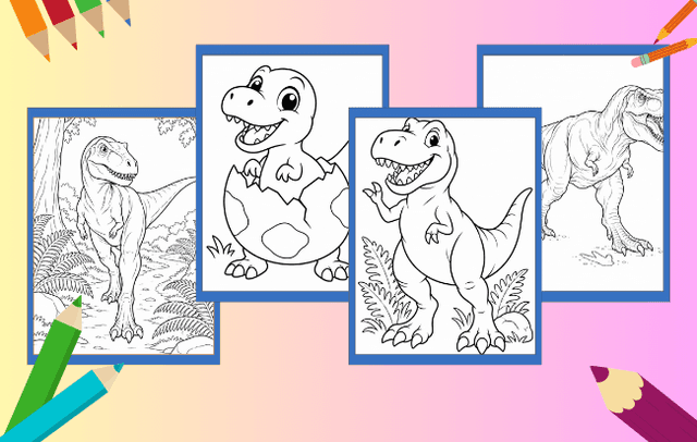 T-Rex Ausmalbilder mit niedlichen Dinos und realistischen Tyrannosaurus-Motiven