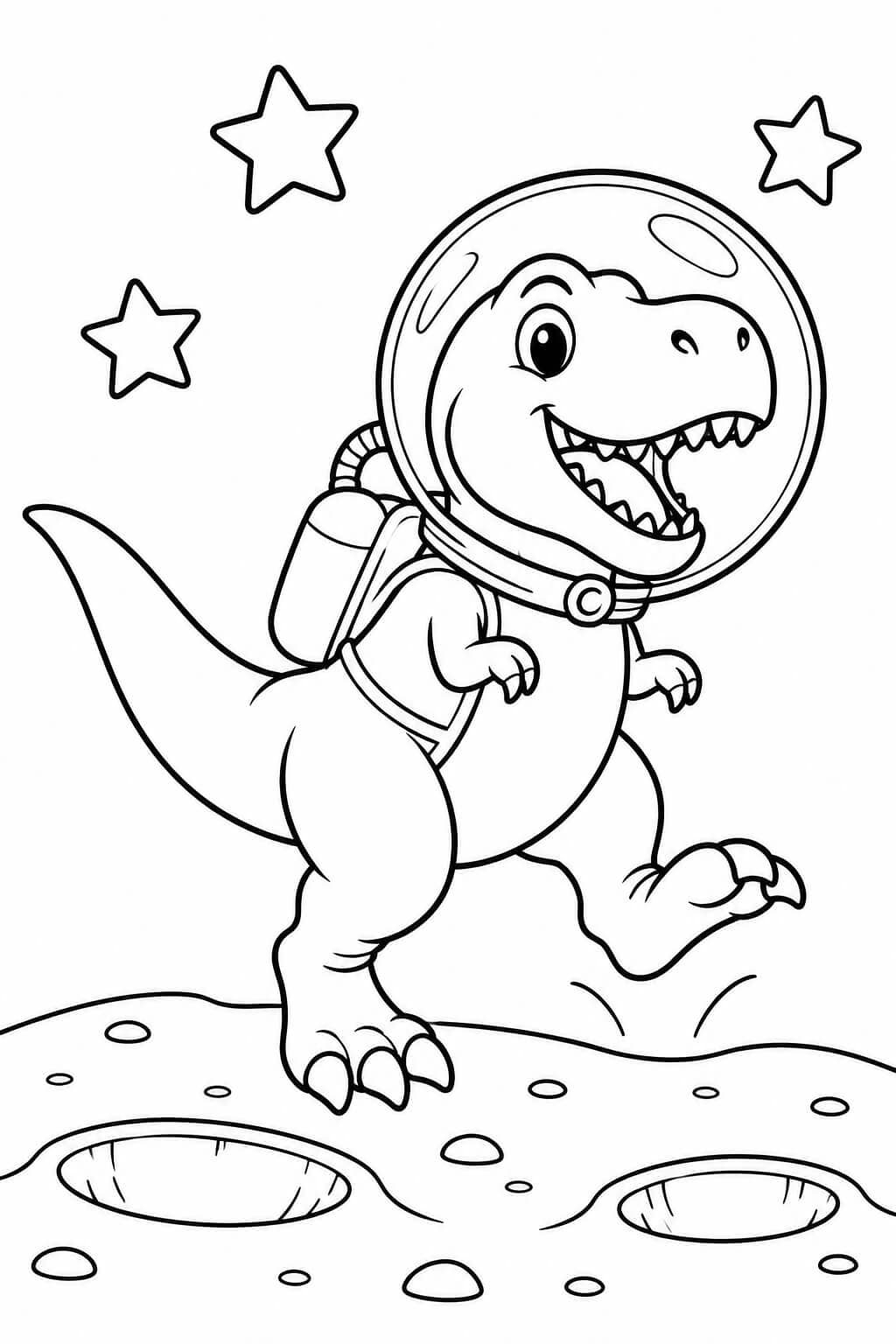 T-Rex mit Astronautenhelm auf einer einfachen Mondlandschaft