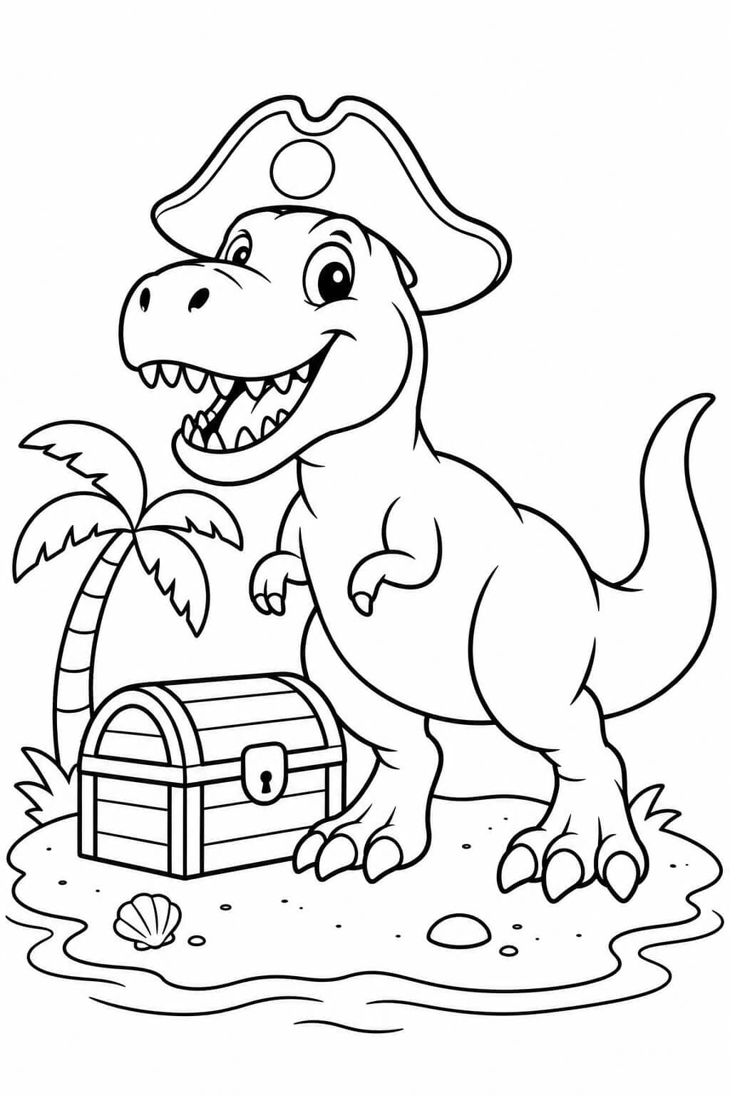 T-Rex mit Piratenhut neben einer geschlossenen Schatztruhe