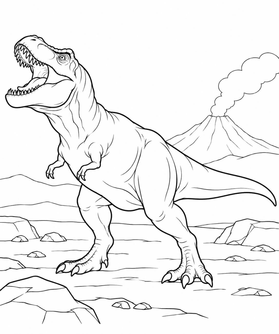 Brüllender T-Rex vor einem Vulkan mit einer kleinen Rauchwolke
