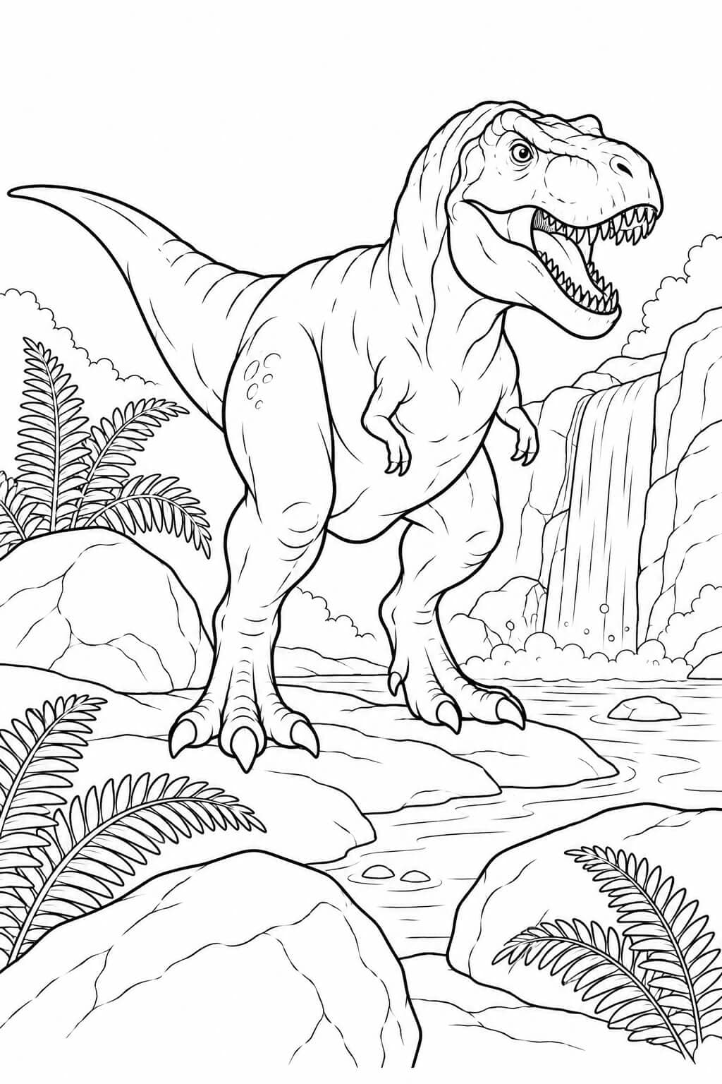 T-Rex vor einem Wasserfall mit großen Felsen und Farnen