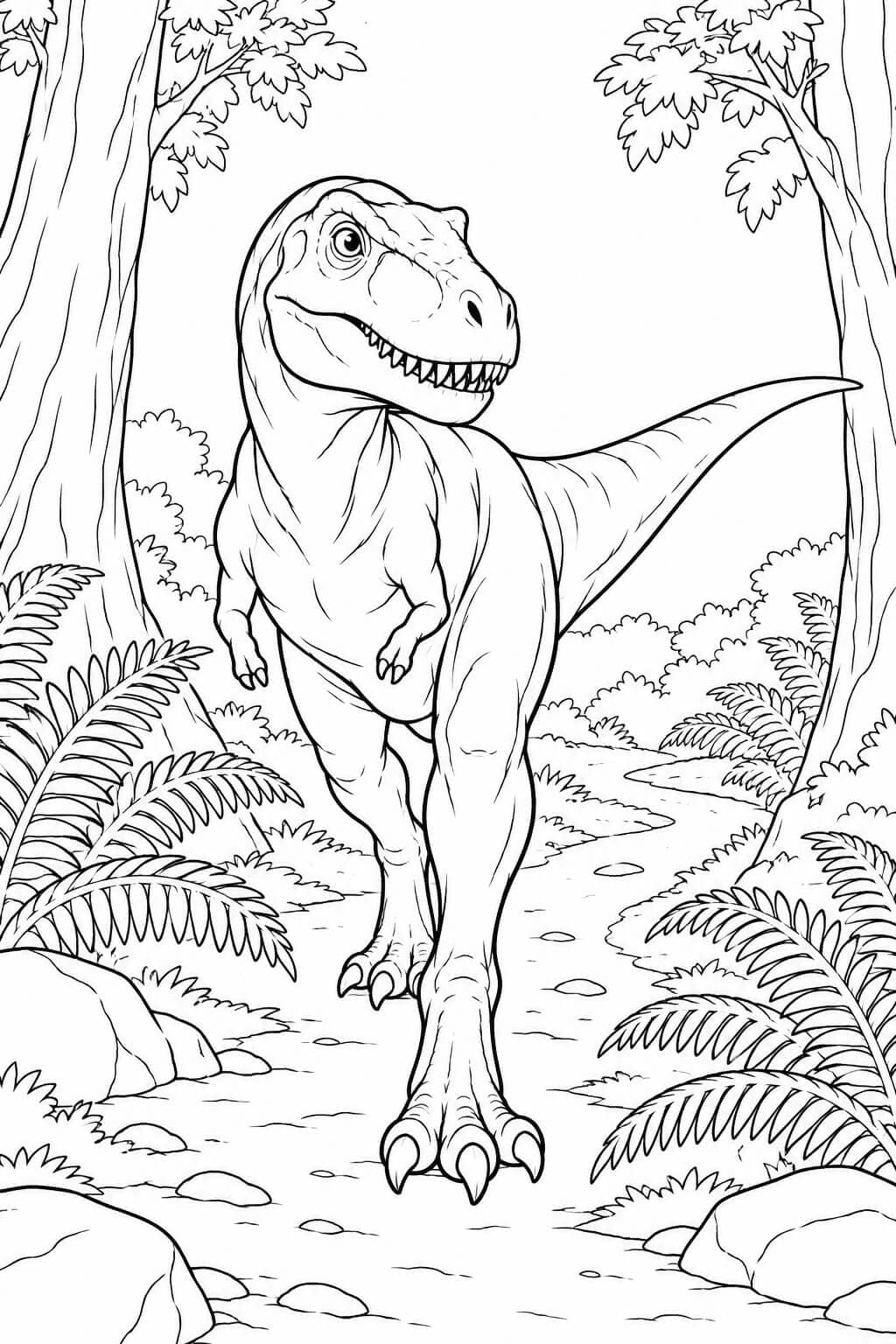 T-Rex wandert auf einem Waldweg zwischen großen Farnen und Baumstämmen
