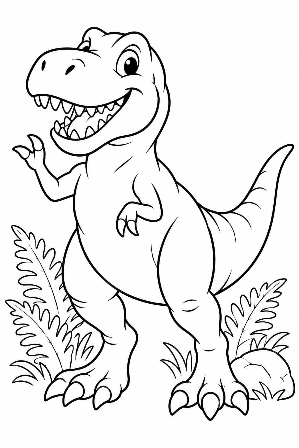 Freundlicher T-Rex mit großen Farnblättern als einfaches Ausmalbild