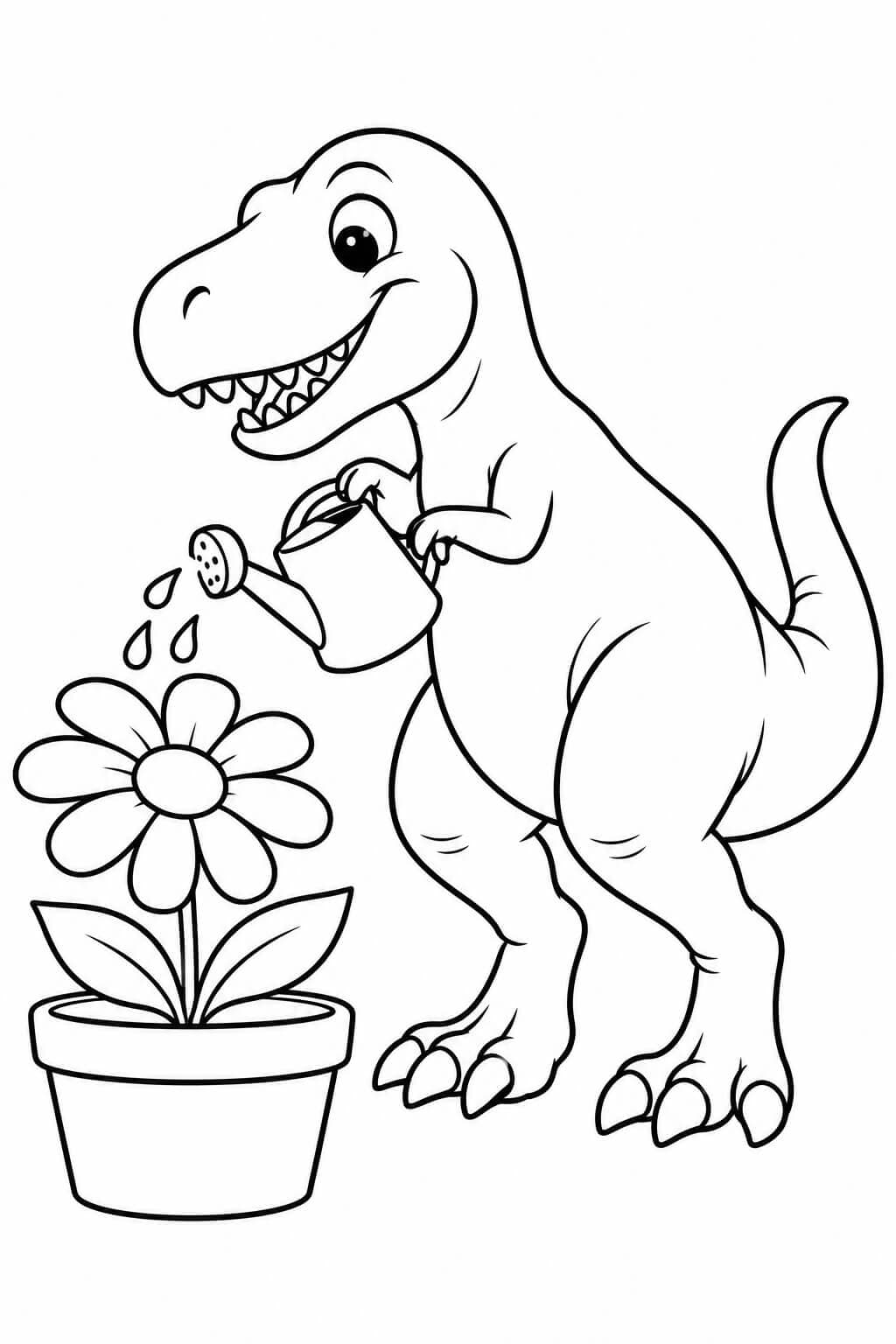 Freundlicher T-Rex gießt eine große Blume in einem Topf