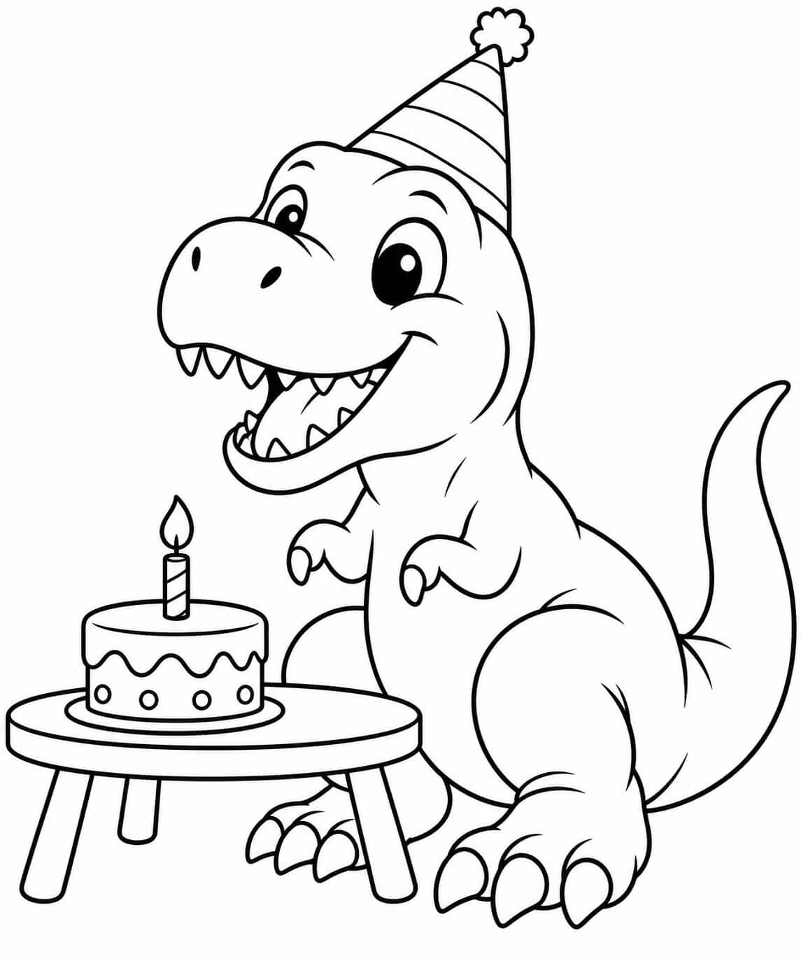 Fröhlicher T-Rex mit Partyhut neben einem Geburtstagskuchen