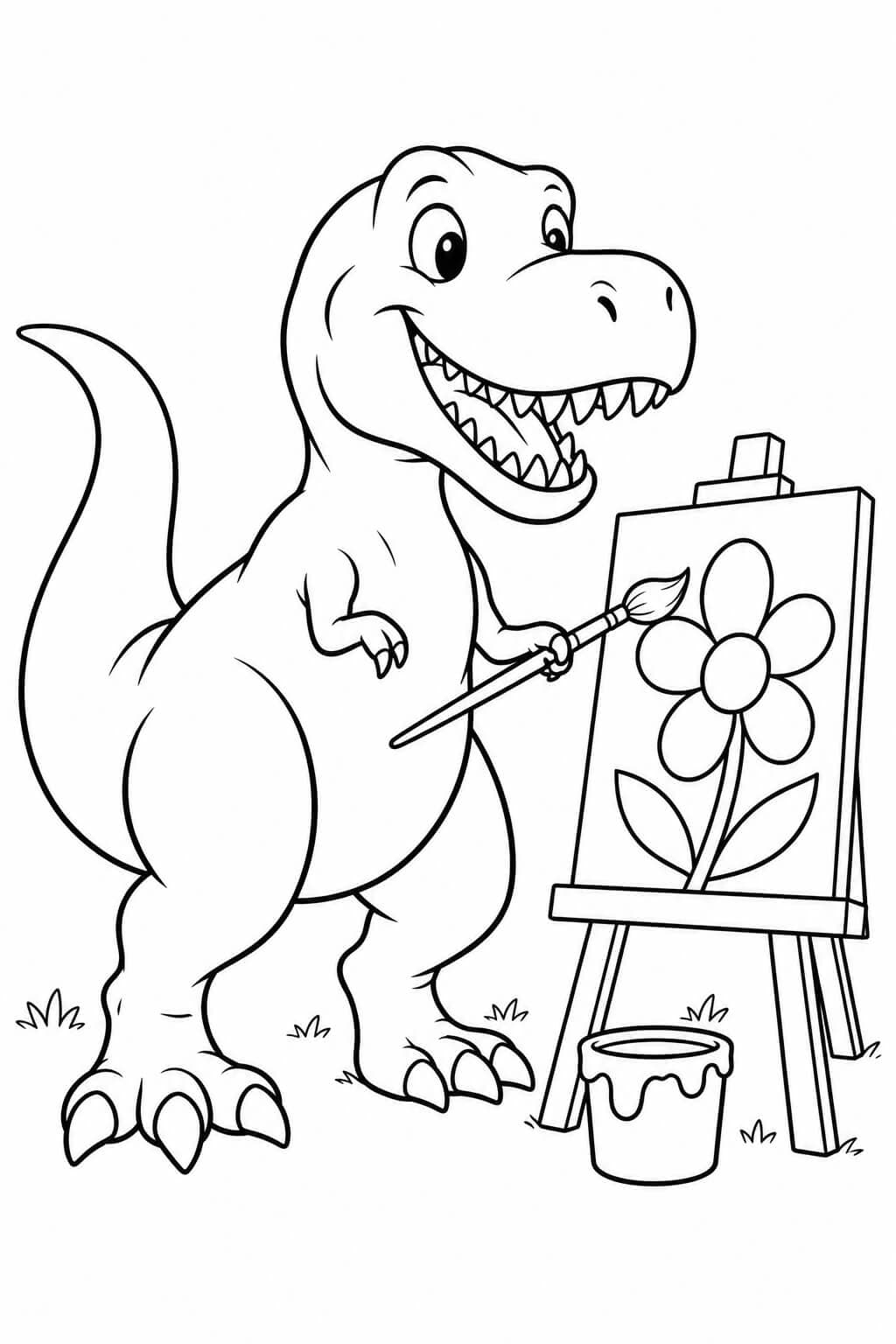 T-Rex mit Pinsel malt eine große Blume auf einer Staffelei