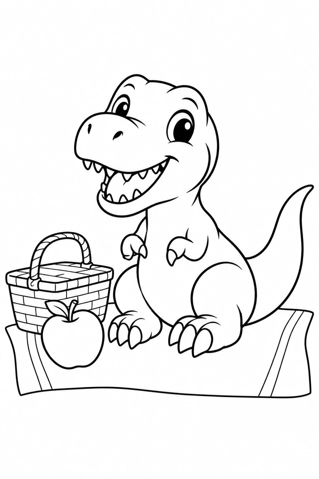 Sitzender T-Rex beim Picknick mit Korb und Apfel auf einer Decke