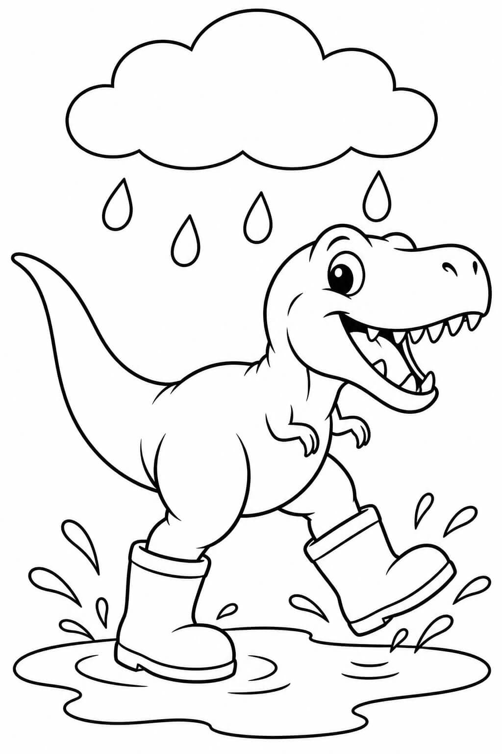 T-Rex mit Gummistiefeln springt in eine Pfütze unter einer Regenwolke