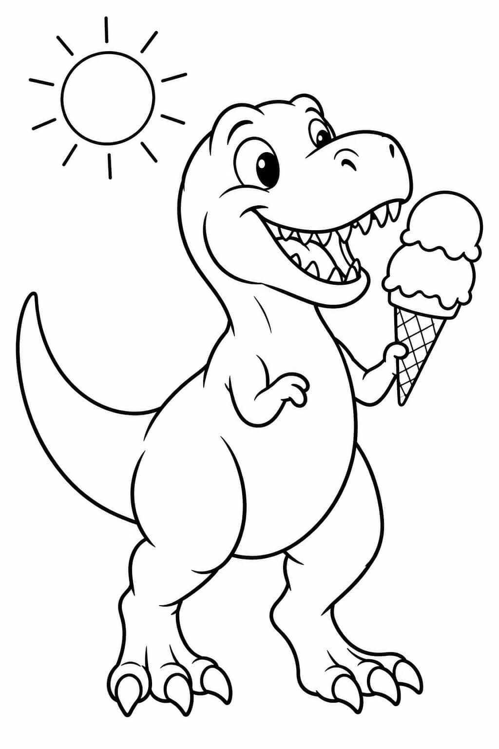 Niedlicher T-Rex hält eine Eistüte mit zwei großen Kugeln