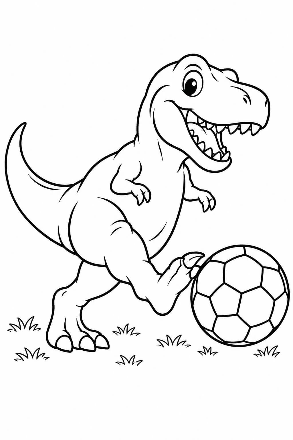 Spielender T-Rex schießt einen großen Fußball auf einer Wiese