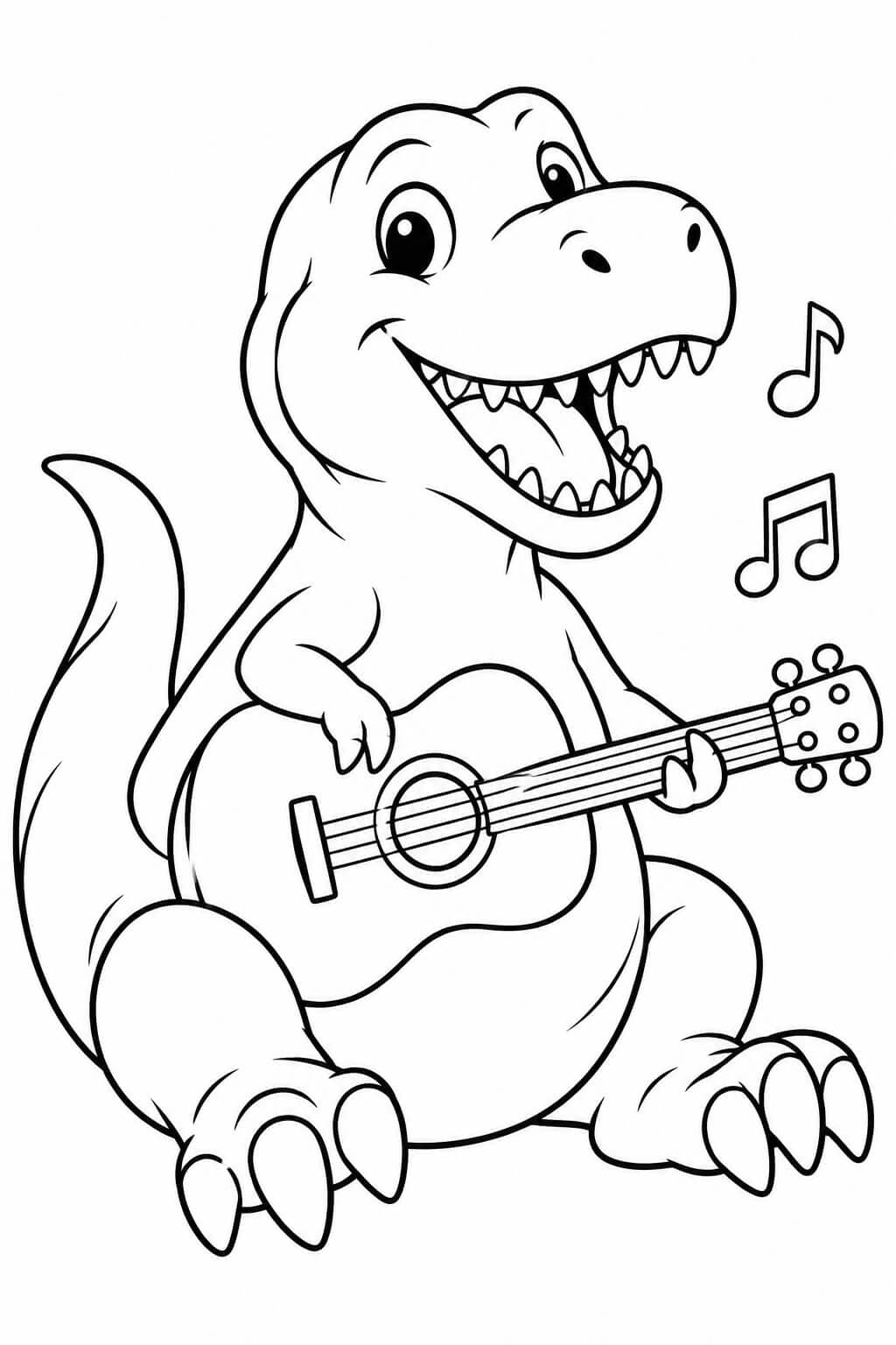 Sitzender T-Rex mit einer großen Gitarre und zwei Musiknoten