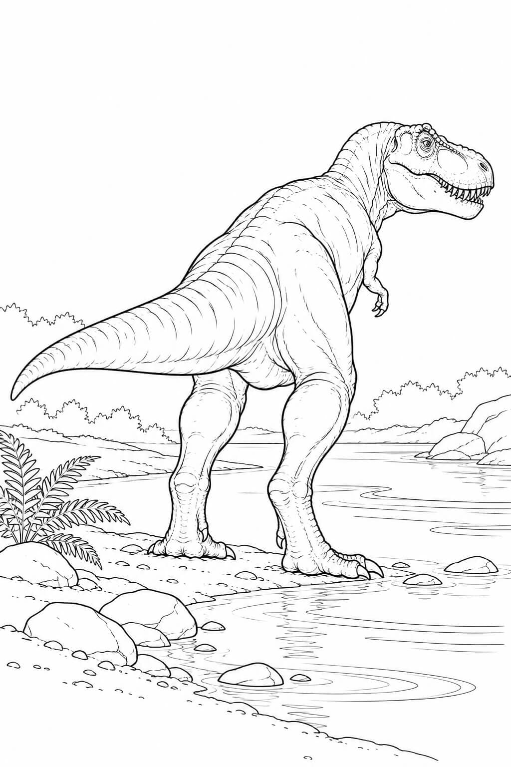 Realistischer Tyrannosaurus rex an einem flachen Flussufer als Schwarz-Weiß-Malvorlage