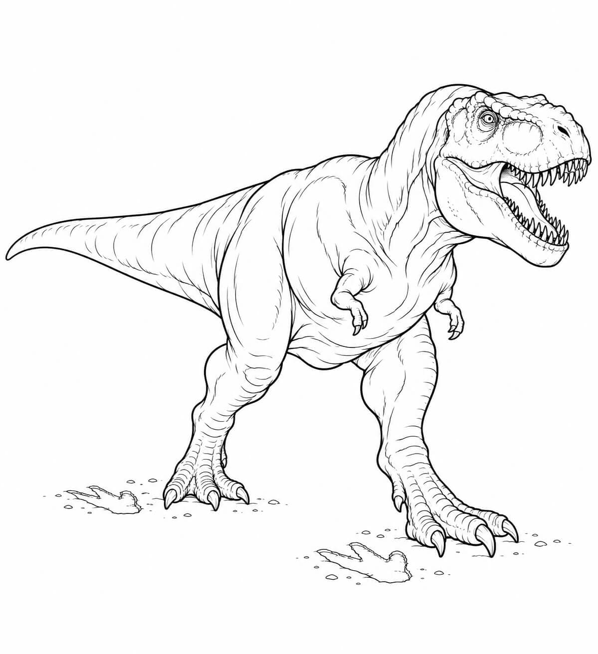Realistischer T-Rex mit kräftigen Hinterbeinen und waagerechtem Schwanz beim Gehen
