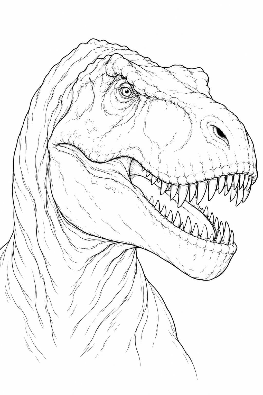 Realistisches T-Rex-Porträt mit markantem Schädel und sichtbaren Zähnen in Schwarz-Weiß