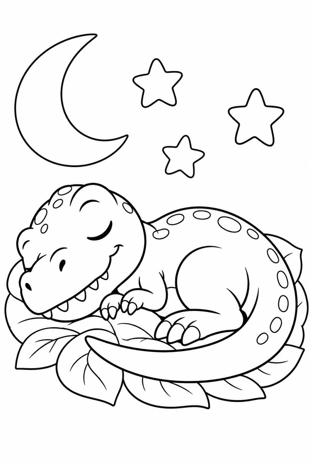 Schlafender T-Rex mit eingerolltem Schwanz unter Mond und Sternen