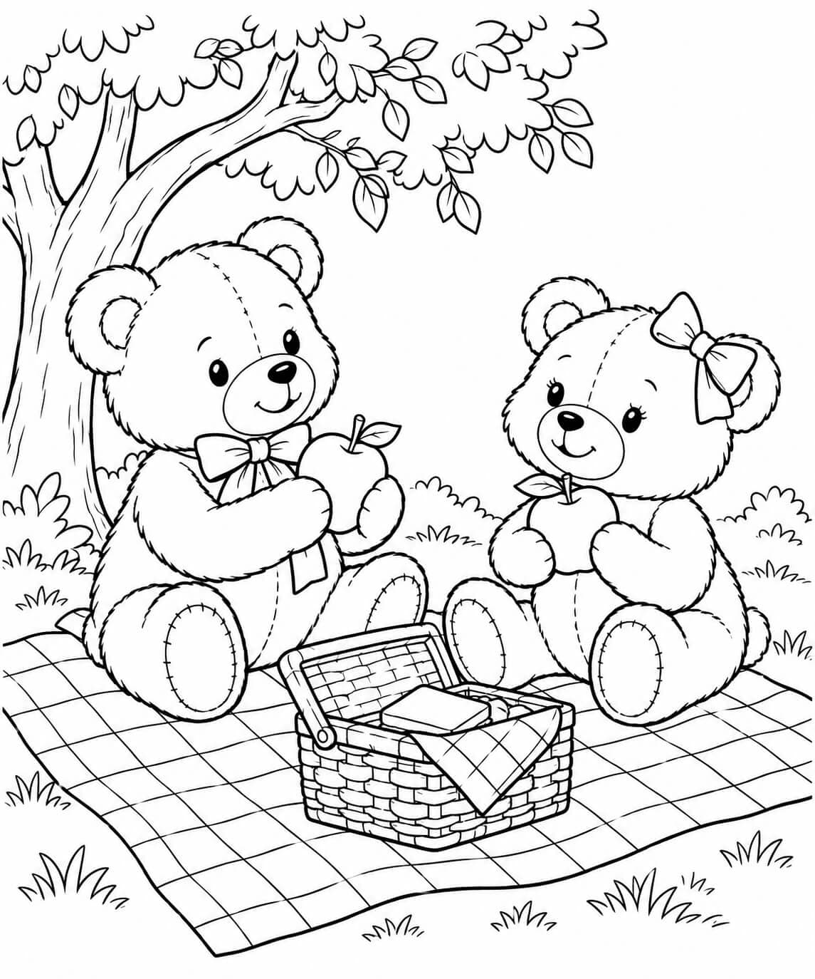 Teddybären beim Picknick – Ausmalbild in Schwarz-Weiß