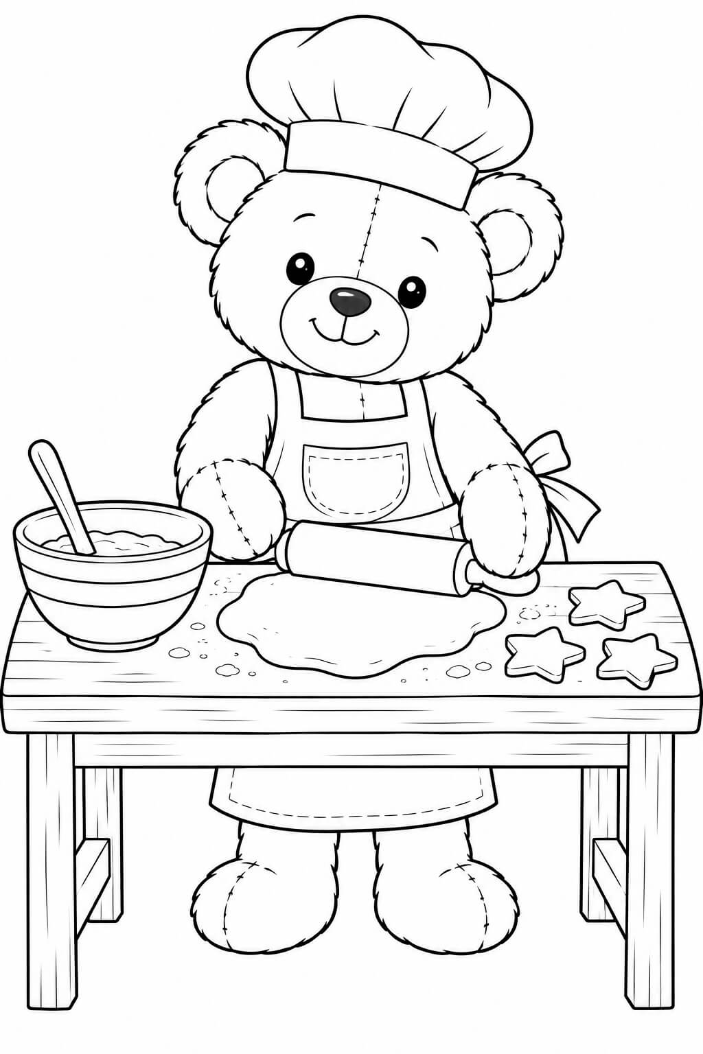 Teddybär backt Kekse – Ausmalbild in Schwarz-Weiß